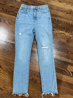 Madewell Light Blue Straight Leg Jeans with Distressed Hem